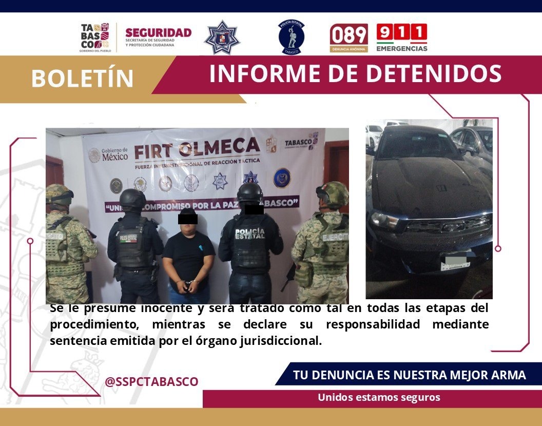 Detienen a una persona con vehículo y presunta droga en Cunduacán