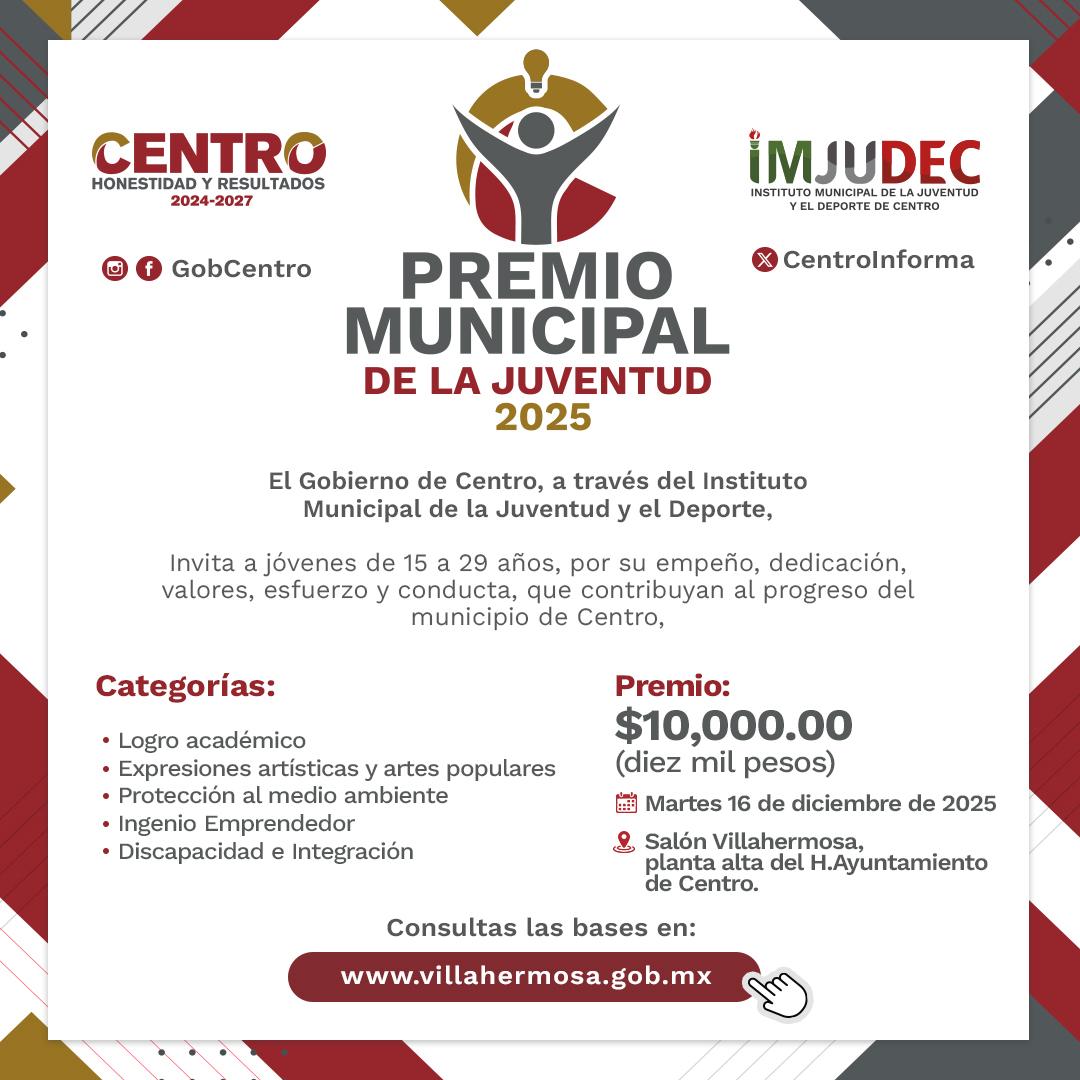Invita Centro a participar en los premios municipales de la Juventud y el Deporte 2025