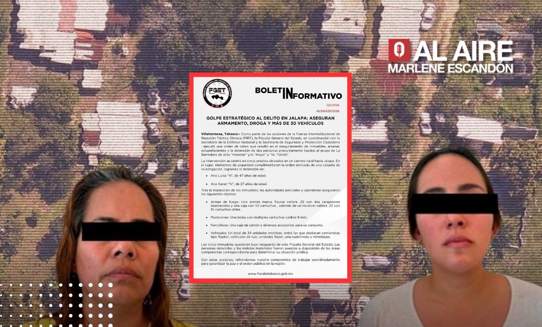 DOS MUJERES DETENIDAS EN CATEO DE JALAPA RELACIONADO A "LA BARREDORA", CONFIRMA FGE