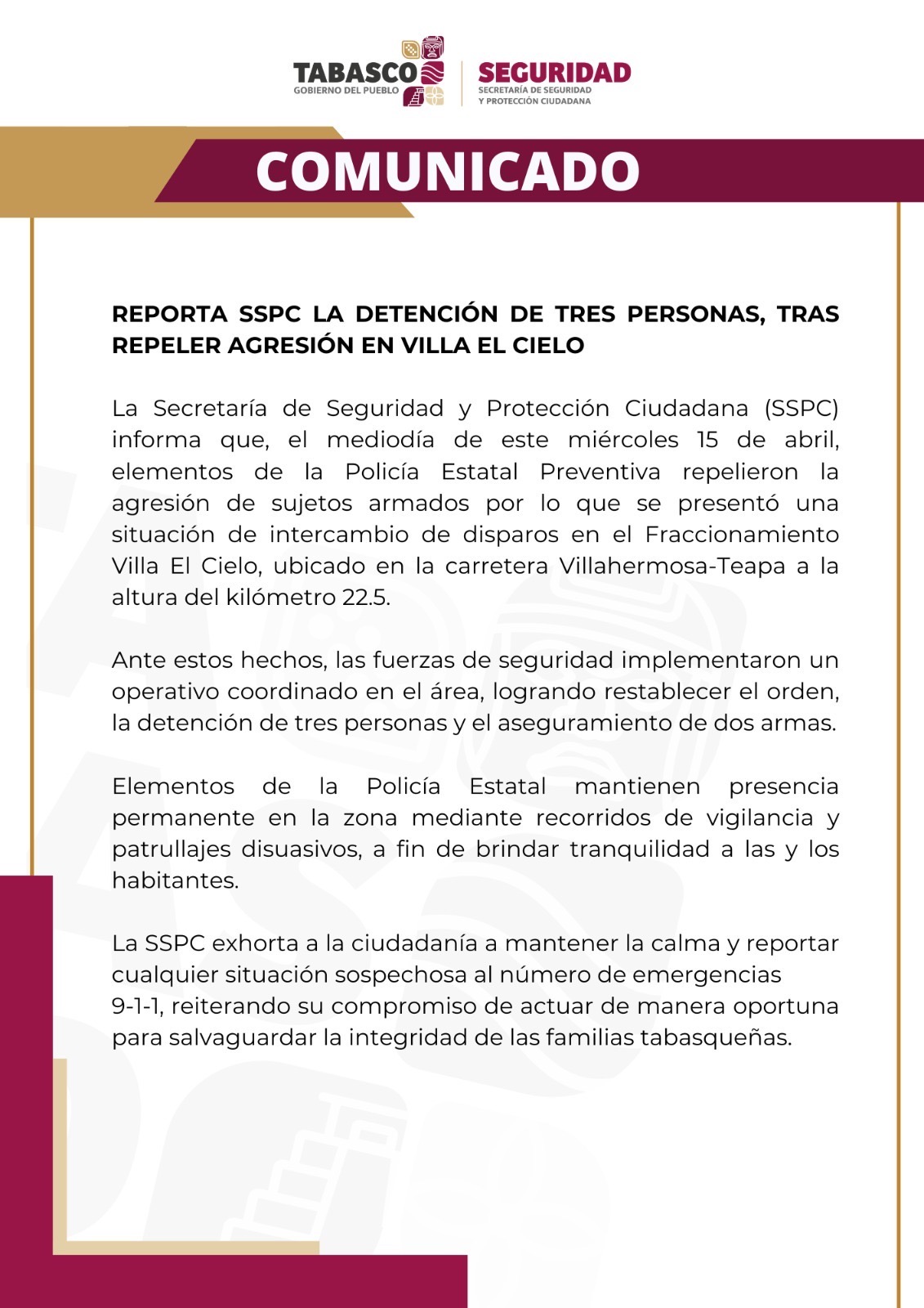 Reporta SSPC la detención de tres personas, tras repeler agresión en Villa El Cielo